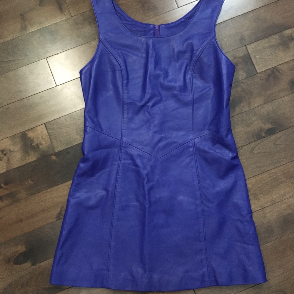 Blue leather mini dress